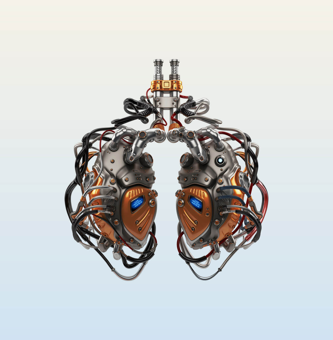 Kunstwerk van twee zogenaamde longen gemaakt van elektronica